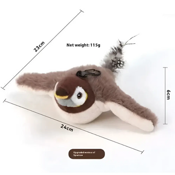 A plush flapping bird cat toy penguin keychain with brown and white fur, yellow beak, black eyes, and feathered tail