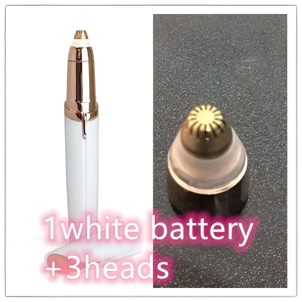 Flawlessly brows electric eyebrow remover in white and sleek rose gold with three interchangeable trimming heads