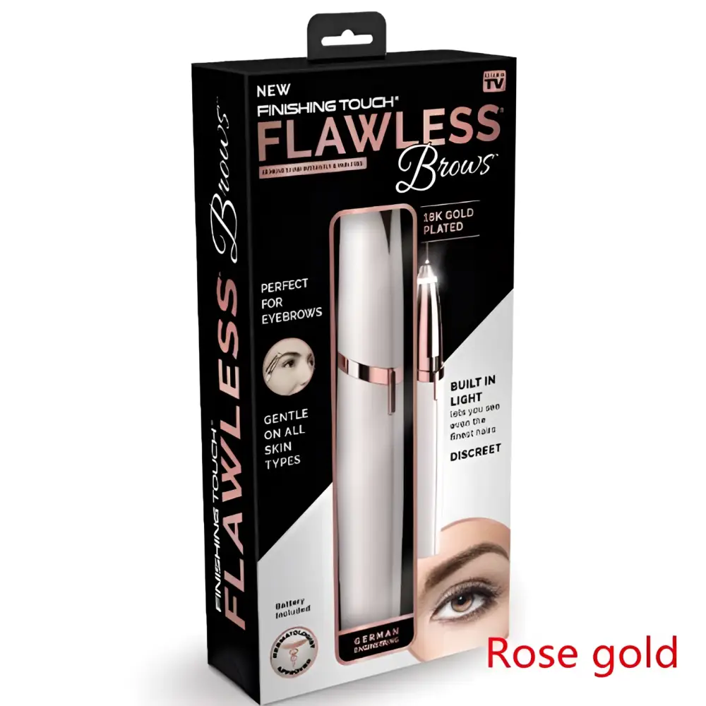 Flawlessly brows electric eyebrow remover with sleek rose gold 18k gold plated finishing touch in elegant packaging