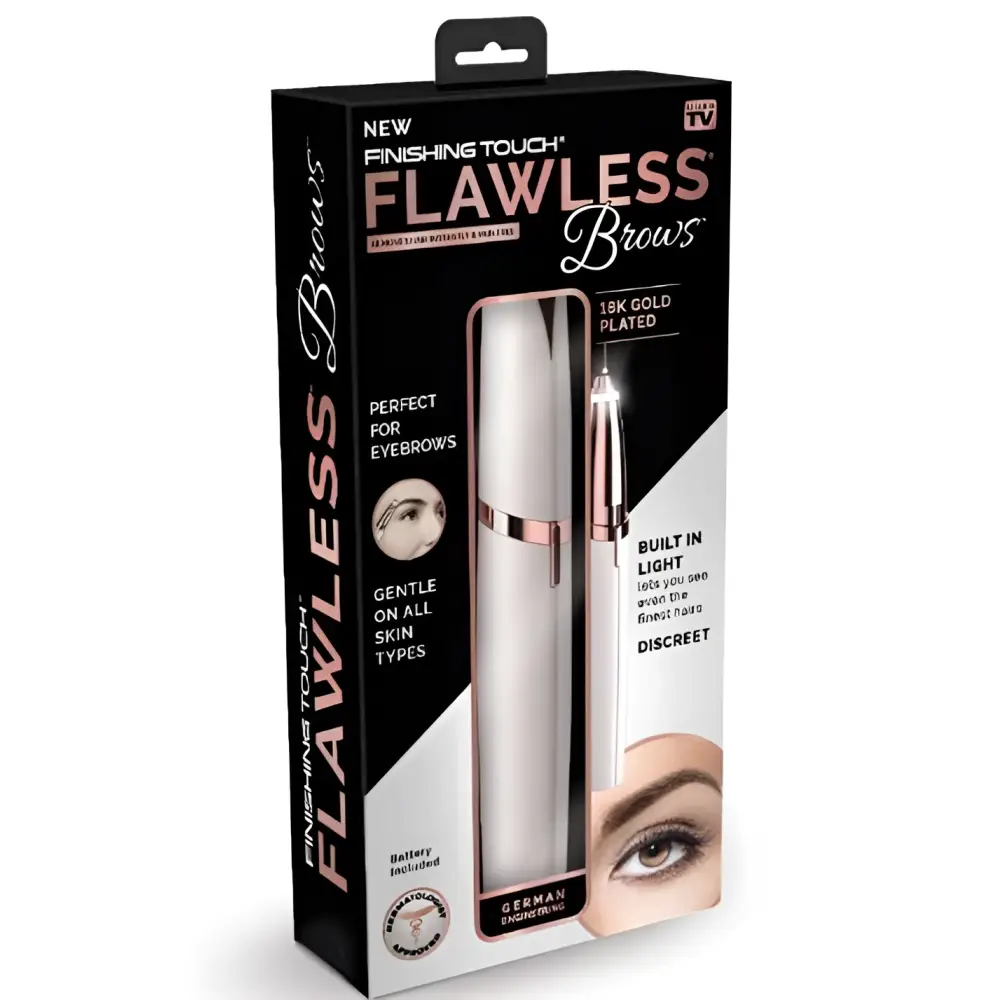 Flawlessly brows electric eyebrow remover in 18k gold plated sleek rose gold and white finish packaged for retail display