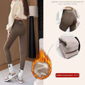 Brown fleece thickened winter shark pants high waist leggings with snug fit and subtle logo on waistband