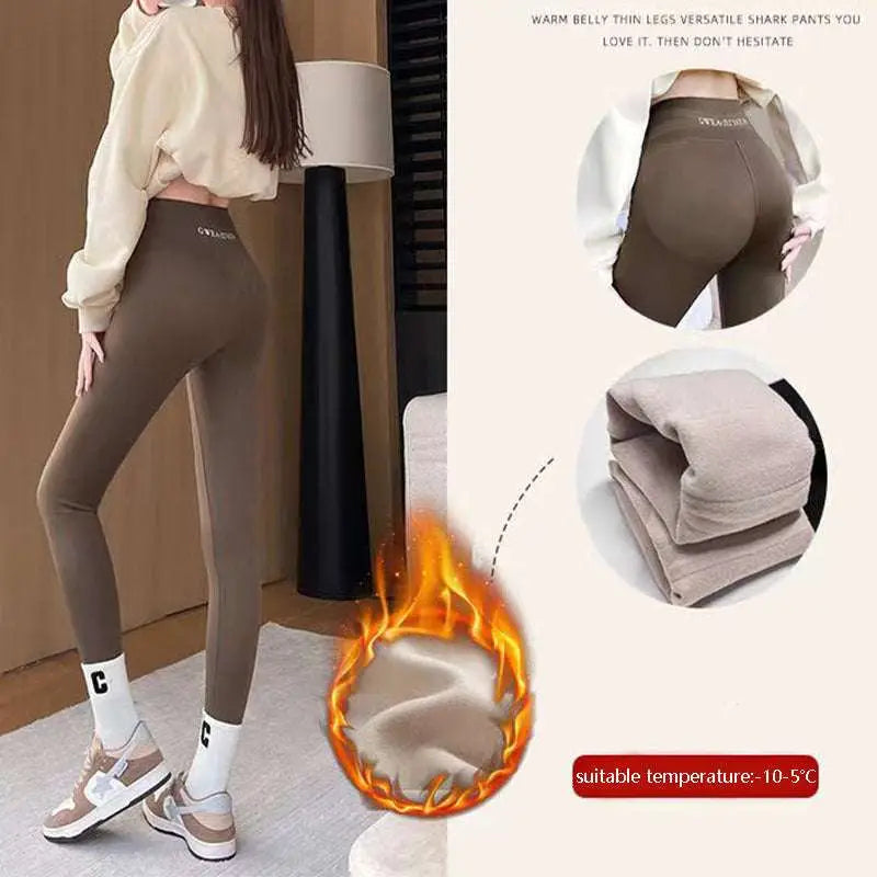 Brown fleece thickened winter shark pants high waist leggings with snug fit and subtle logo on waistband