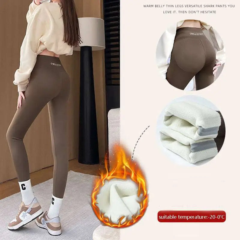 Brown fleece thickened winter shark pants with slim high waist leggings featuring warm soft inner lining and snug fit