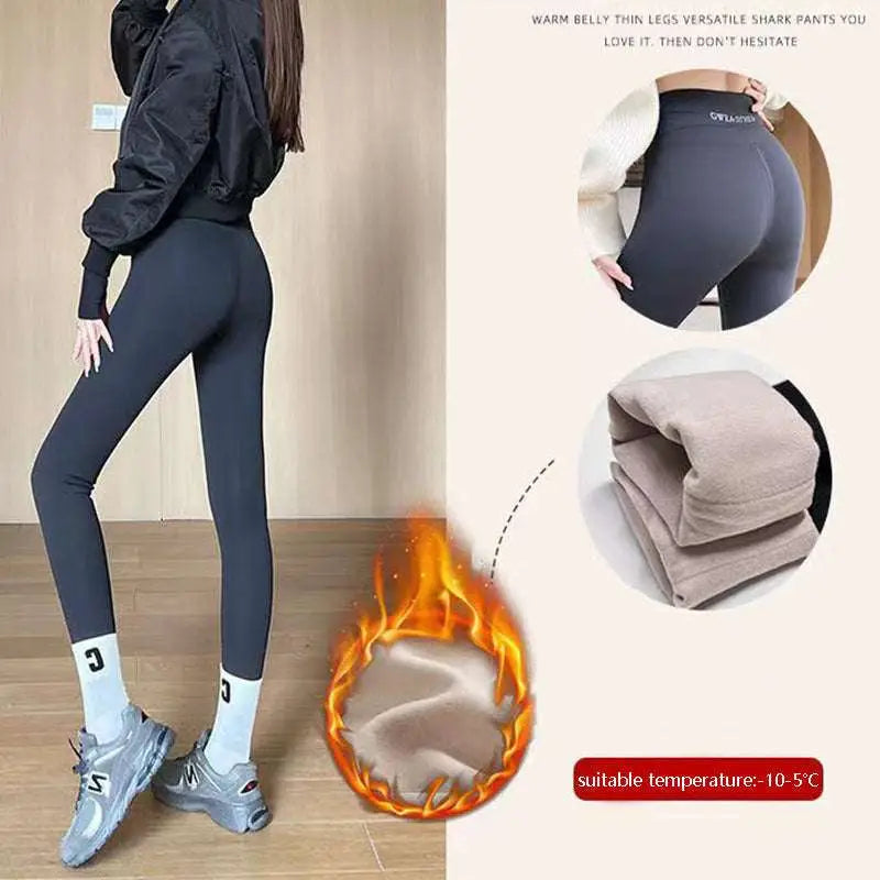 Black fleece thickened winter shark pants with high waist leggings and plush lining for warmth and versatility