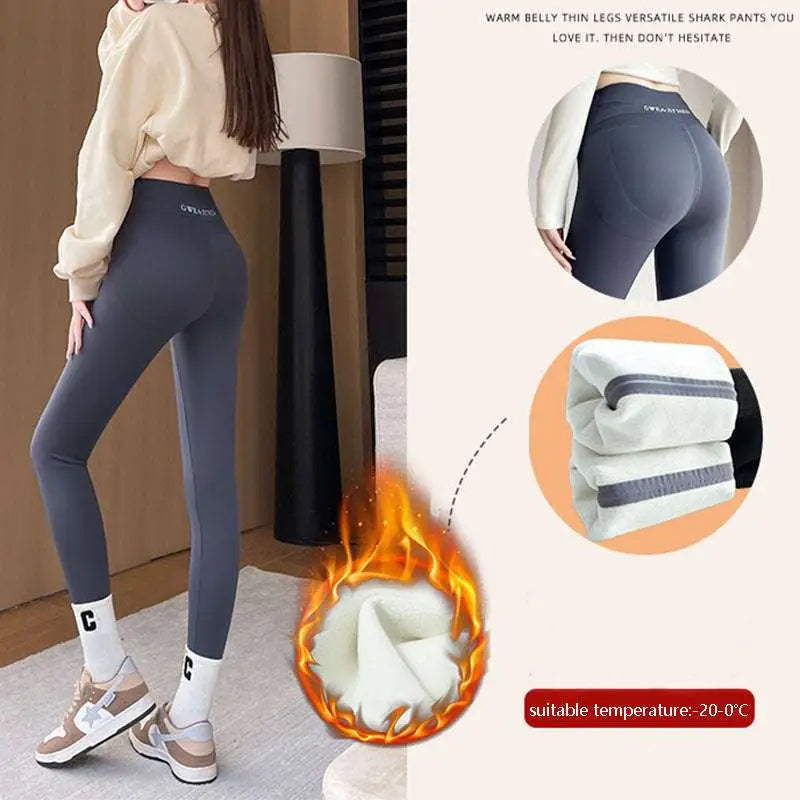 Dark gray fleece thickened winter shark pants high waist leggings with reinforced side stripes for warmth and subtle logo