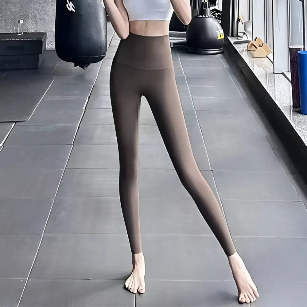 High waist leggings in brown fleece thickened winter shark pants with smooth stretchy fabric and seamless design