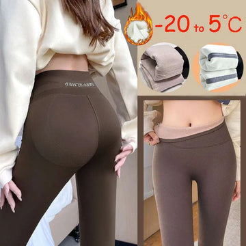 Brown high waist fleece thickened winter shark pants leggings with soft stretchy fabric and gaylily embroidered waistband