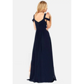 Navy blue chiffon floor length elegant greek style maxi dress with v neckline off the shoulder straps and high slit