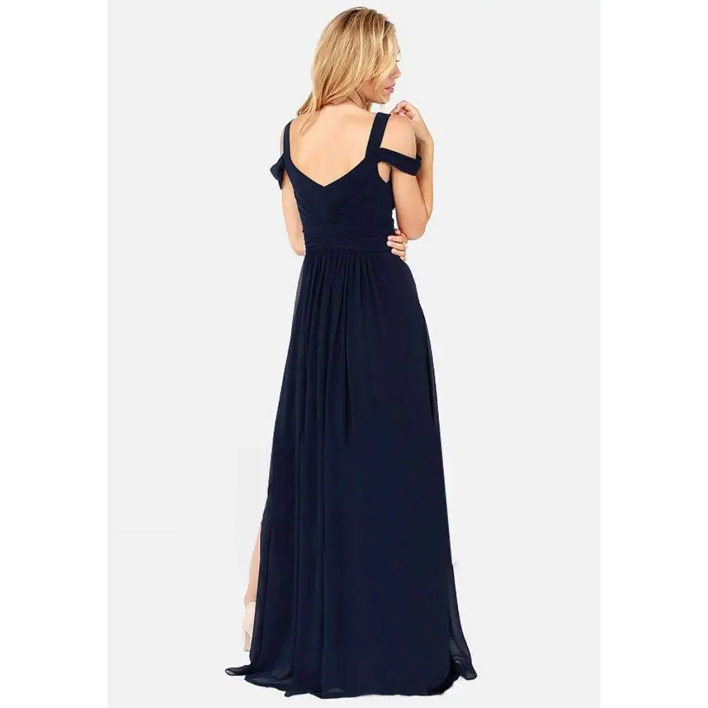 Navy blue chiffon floor length elegant greek style maxi dress with v neckline off the shoulder straps and high slit