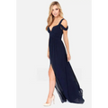 Navy blue chiffon floor length elegant greek style maxi dress with off the shoulder straps and high slit