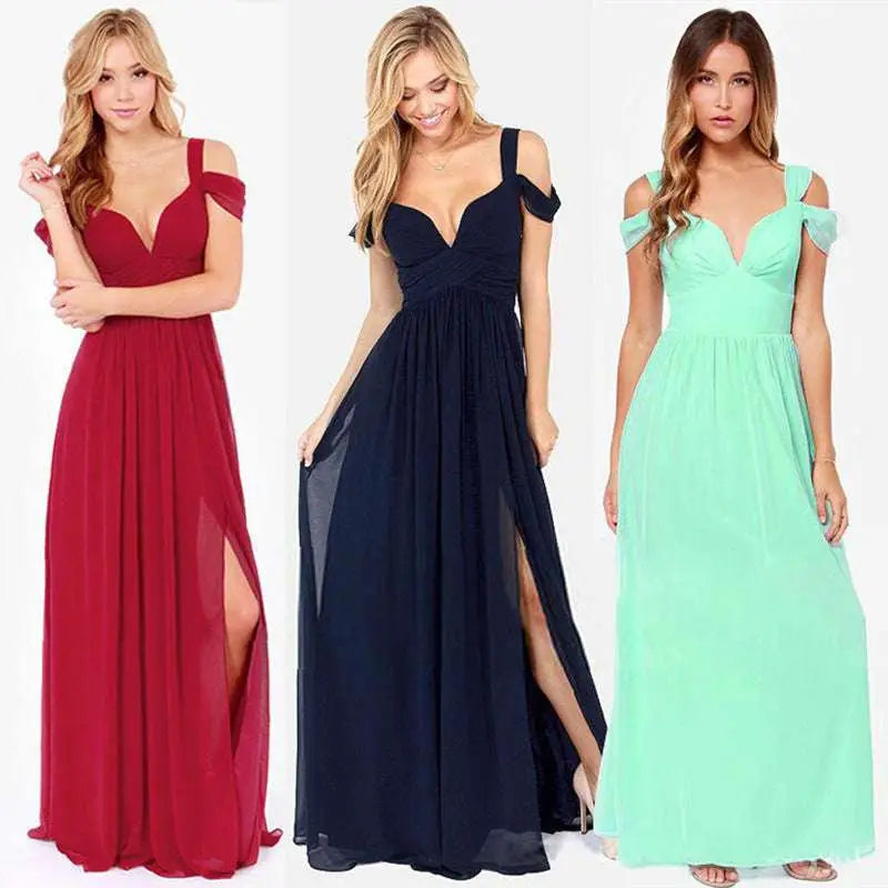 Three elegant off-the-shoulder floor length elegant Greek style maxi dresses in red navy blue and mint green
