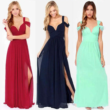 Three elegant off-the-shoulder floor length elegant Greek style maxi dresses in red navy blue and mint green