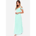A flowing mint green chiffon floor length elegant greek style maxi dress with off the shoulder straps and sweetheart neckline