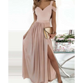 A soft blush pink elegant greek style maxi dress with off-the-shoulder fitted bodice and flowing pleated skirt