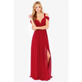 A flowing red elegant greek style maxi dress with off-the-shoulder deep v-neckline and sheer side slit