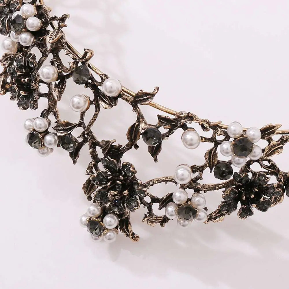 Antique bronze floral black diamond pearl baroque bridal crown with white pearls and dark gemstones headpiece