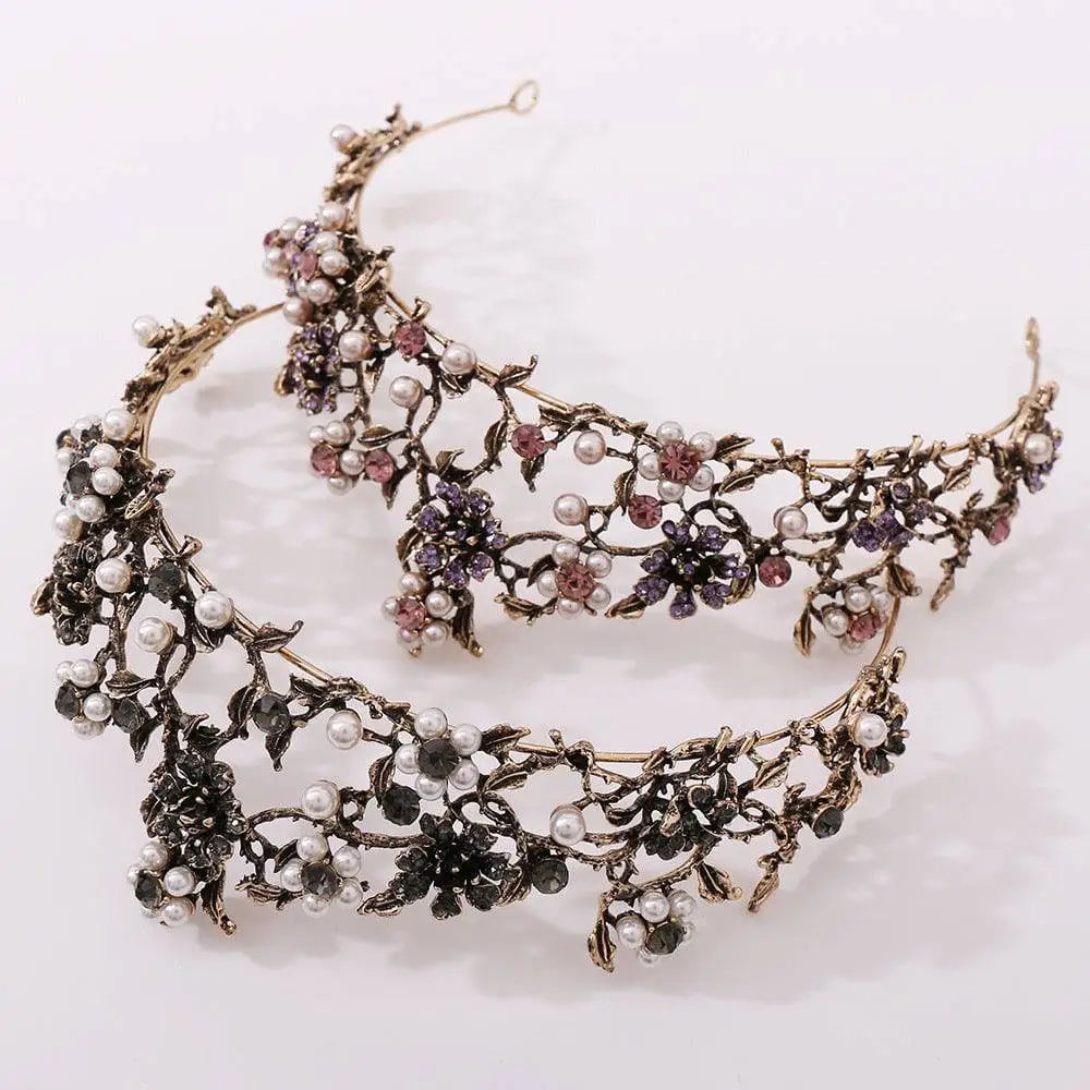 Delicate gold-toned floral black diamond pearl baroque bridal crown adorned with white pearls pink and purple crystals