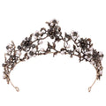 Ornate floral black diamond pearl baroque bridal crown with intricate floral designs in metallic vintage framework