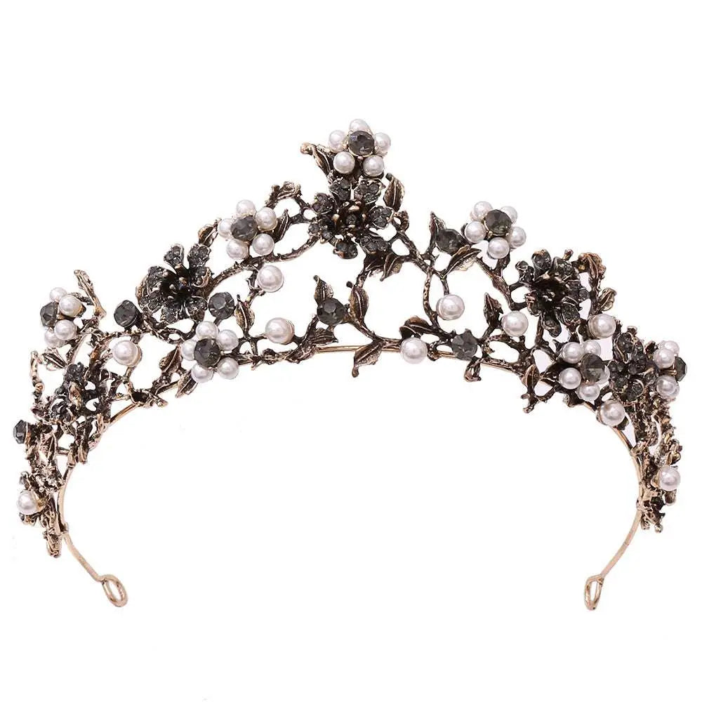 Ornate floral black diamond pearl baroque bridal crown with intricate floral designs in metallic vintage framework