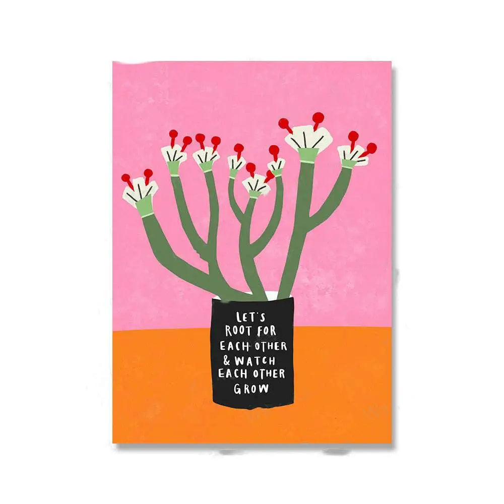 Floral botanical nordic girls wall art canvas print featuring a stylized green cactus with flowers in a black pot