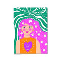 A vibrant botanical nordic girls wall art canvas featuring a woman with pink hair and floral accents on green background