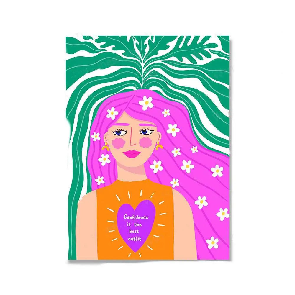 A vibrant botanical nordic girls wall art canvas featuring a woman with pink hair and floral accents on green background