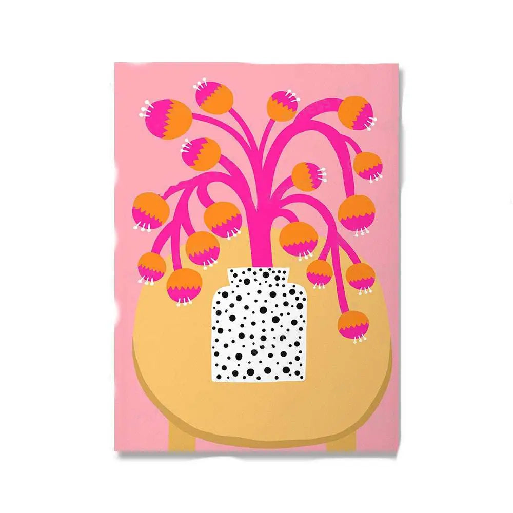 A vibrant pink and orange floral illustration on a rectangular card with a white polka dot vase for botanical nordic girls wall art canvas