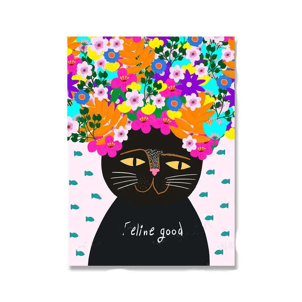 A floral botanical nordic girls wall art canvas print featuring a black cat with golden eyes and a colorful floral crown