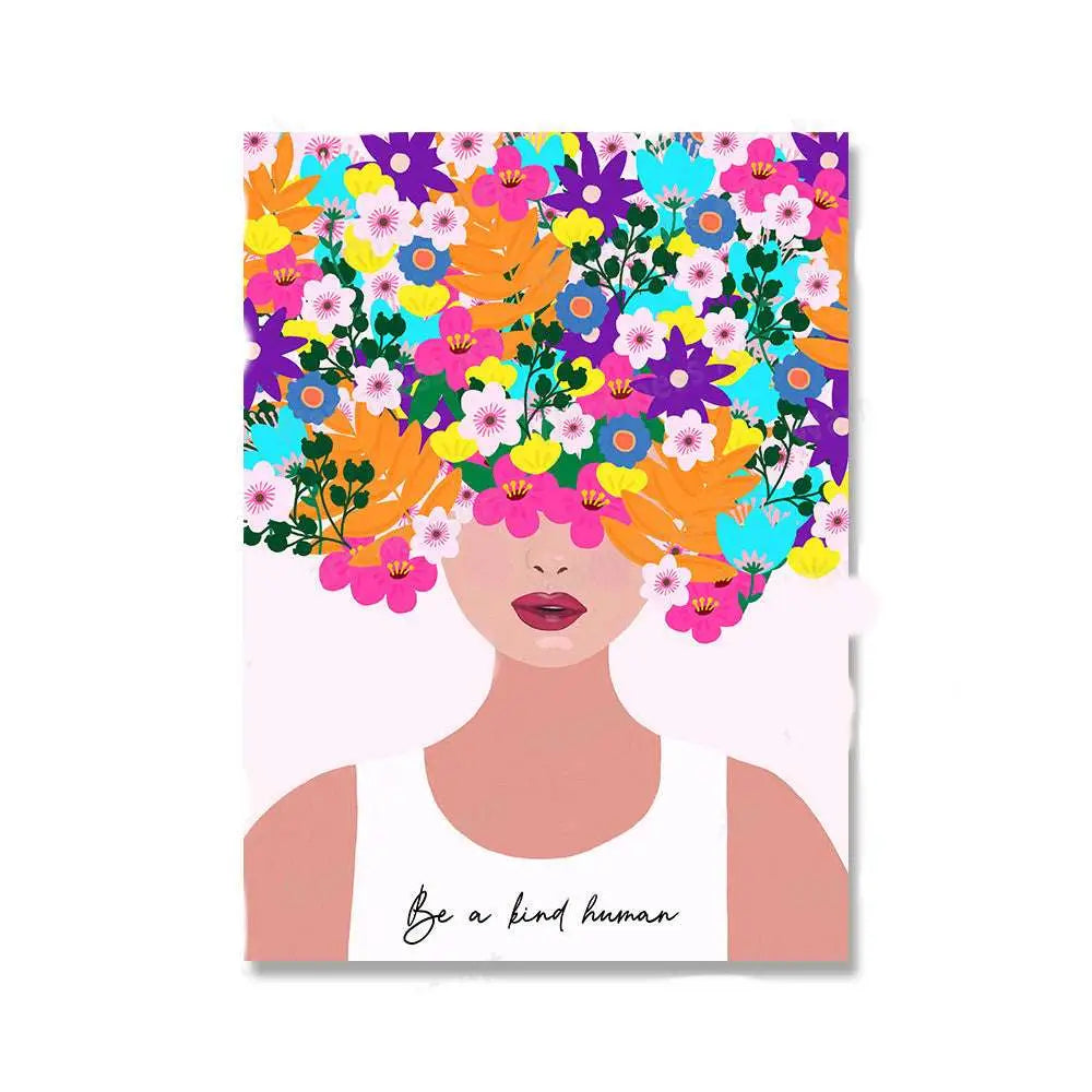 A vibrant floral botanical nordic girls wall art canvas print featuring a woman with colorful flowers in her hair