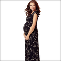 Black maternity chiffon dress with delicate white floral pattern printed slim floral chiffon dress design