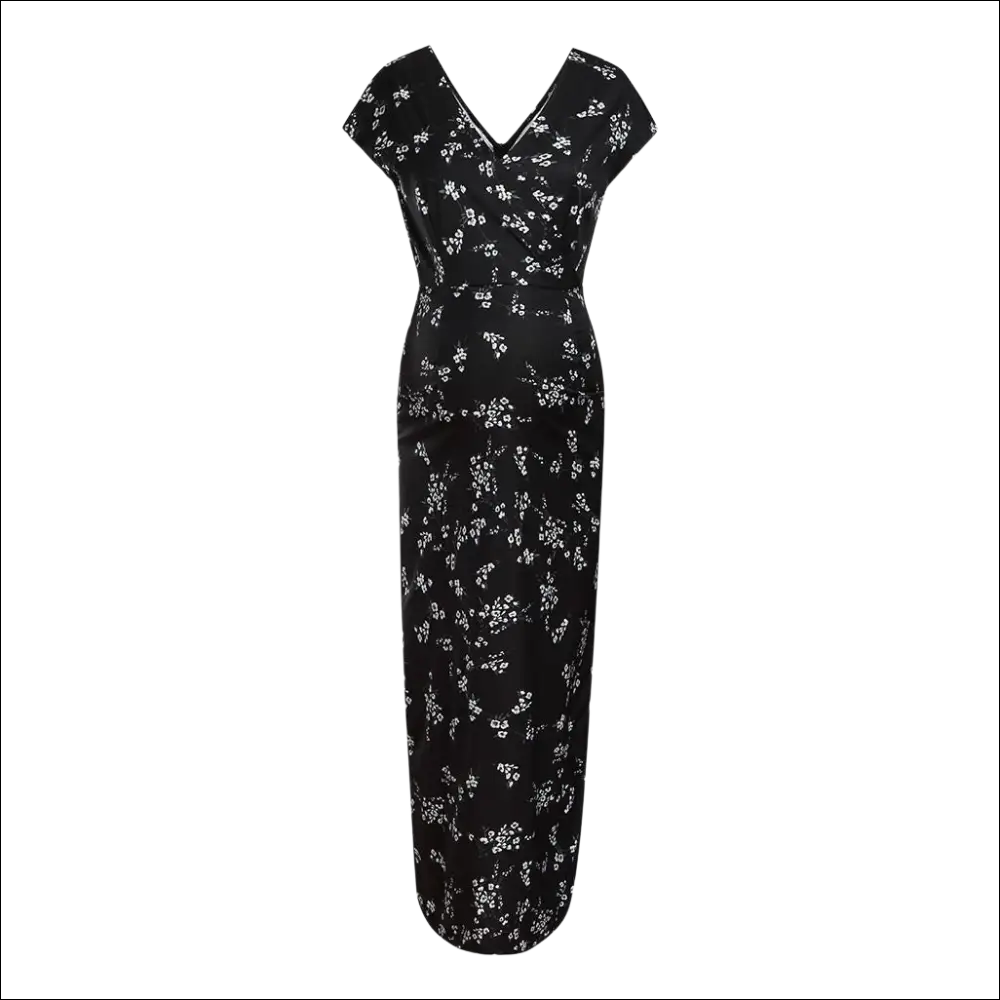 Black floral chiffon dress printed slim with short sleeves and v-neckline in maxi length for elegant wear