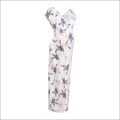 A flowing white floral chiffon dress with pink and navy blue prints, v-neckline, short sleeves, and printed slim fit