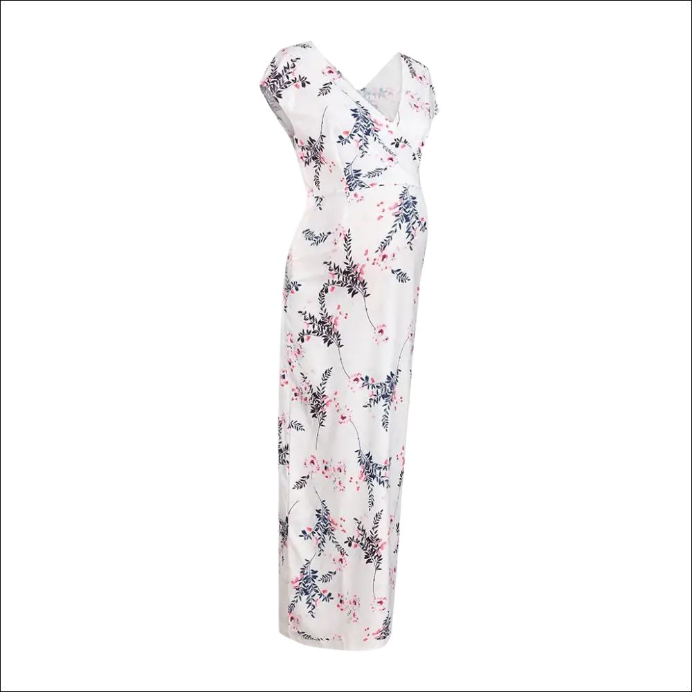 A flowing white chiffon dress with pink and navy floral printed slim design featuring v-neckline and short sleeves