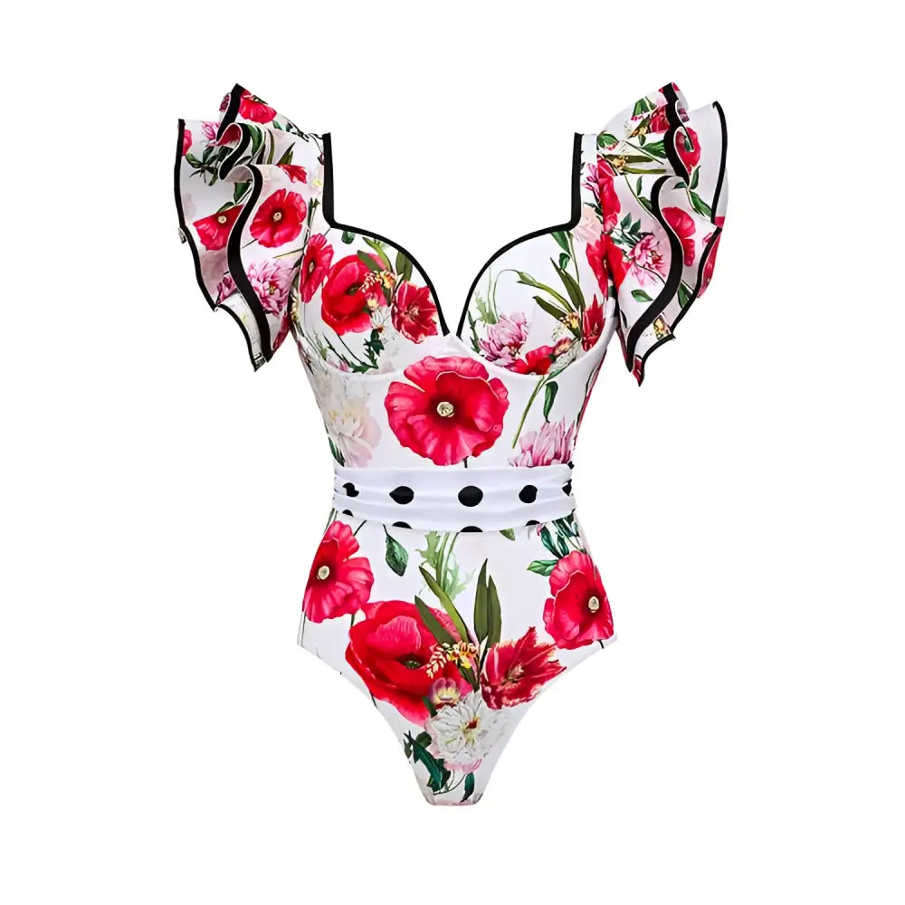 White floral chiffon polyester printed one-piece swimsuit set with red floral pattern, black trim, and ruffled sleeves