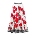 White midi skirt with vibrant red rose print and black and white polka dot trim in floral chiffon polyester printed fabric