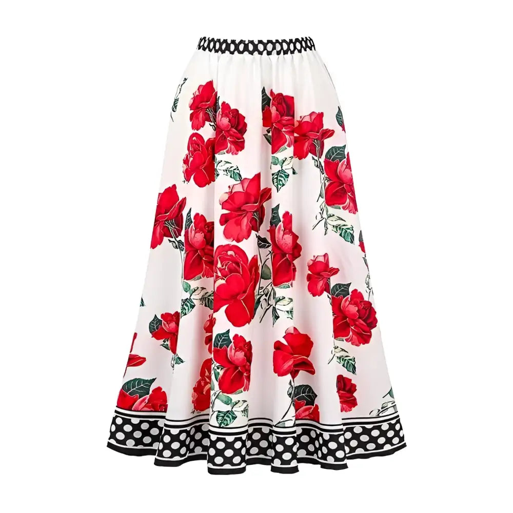 White midi skirt with vibrant red rose print and black and white polka dot trim in floral chiffon polyester printed fabric
