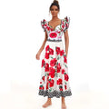 White floral chiffon polyester printed maxi dress with red poppy prints and black trim detailing for swimsuit set