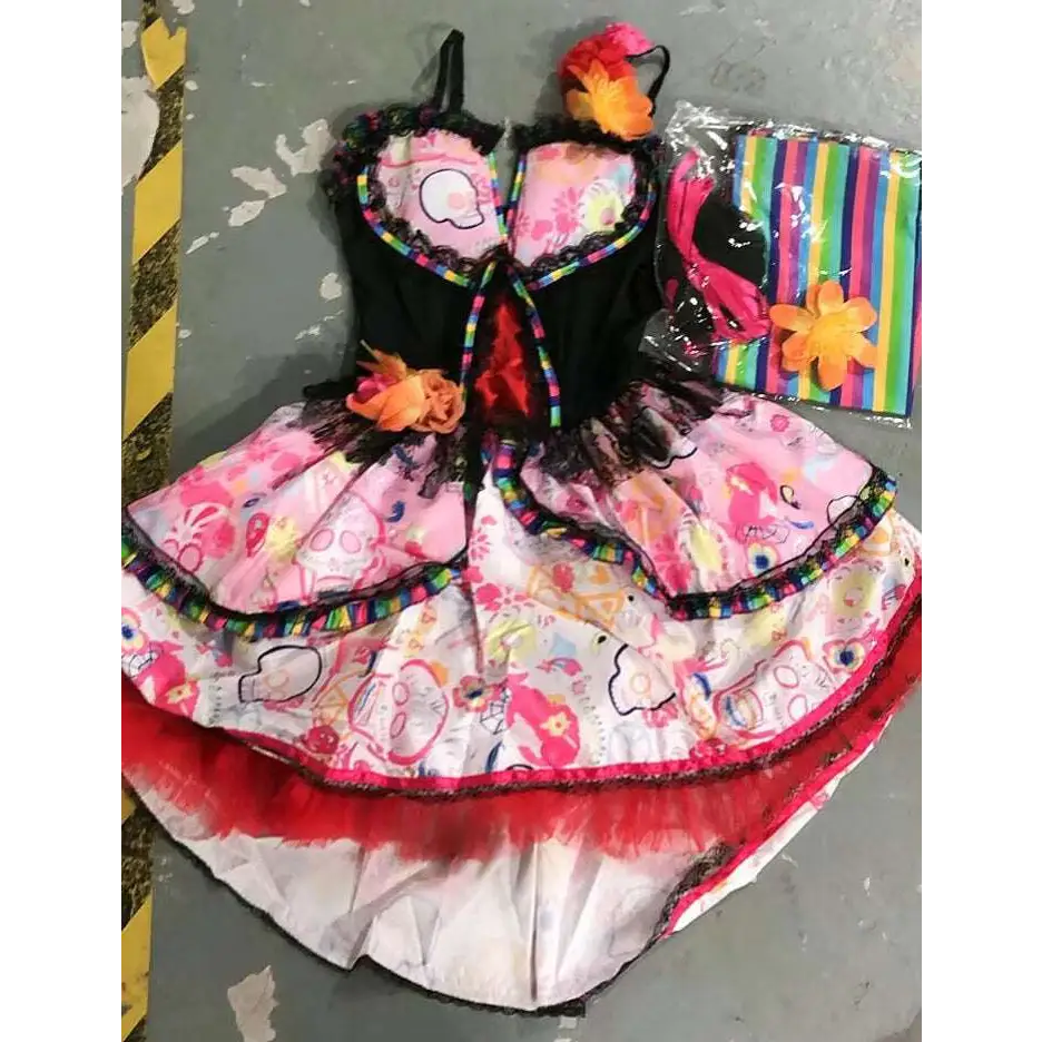A vibrant pink and black skull corset dress with lace trim and rainbow piping for halloween spiritual love costume