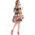A vibrant multi-layered skirt with colorful sugar skull pattern and black lace trim for halloween spiritual love costume