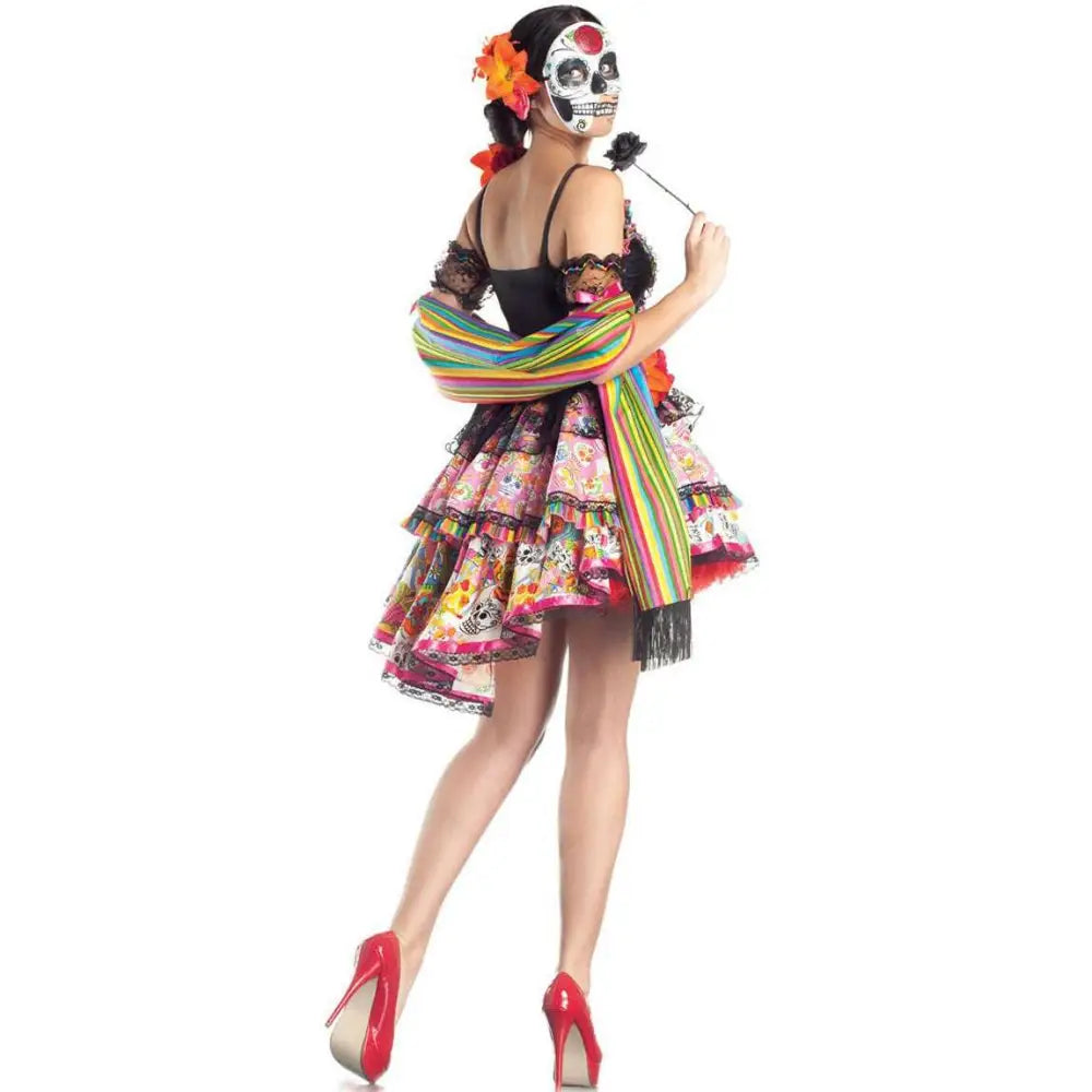 A vibrant multi-layered skirt with colorful sugar skull pattern and black lace trim for halloween spiritual love costume