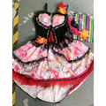 Floral day of the dead spiritual love costume pink and black skull corset dress with lace trim rainbow piping and ruffled hem