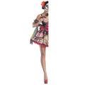 A vibrant off-the-shoulder floral day of the dead spiritual love costume dress with colorful skull and floral patterns