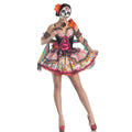 A vibrant floral day of the dead spiritual love costume dress with black corset and pink ribbon detailing ideal for halloween spiritual love