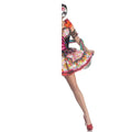 A vibrant multicolored floral day of the dead spiritual love costume dress with sugar skull patterns and fringed hem