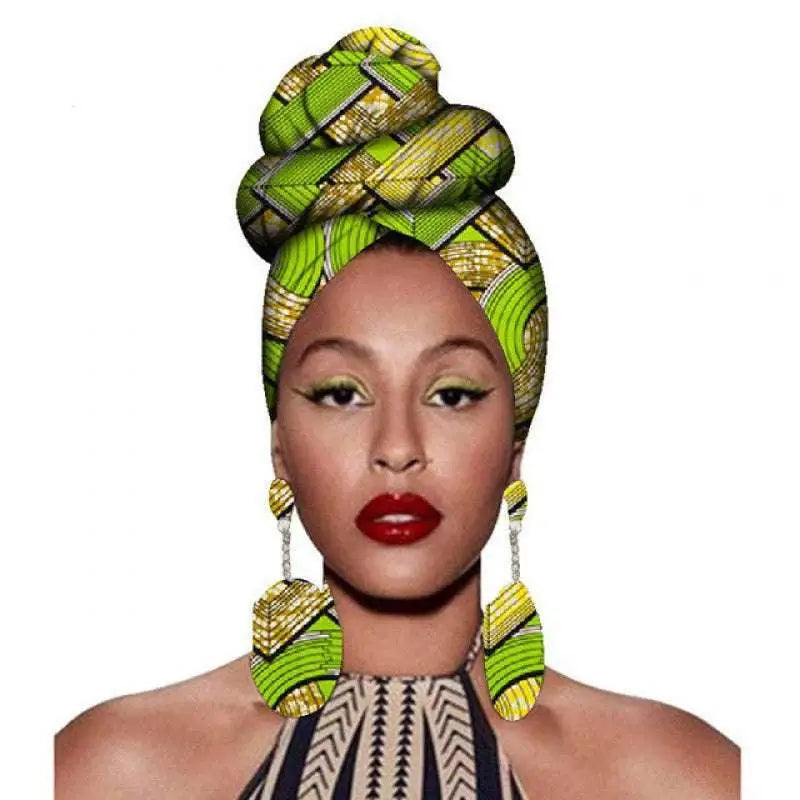 Vibrant blue yellow and green patterned fashion african headscarves with bold floral designs in earrings set
