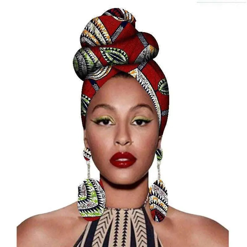 Vibrant red green and black patterned fashion african headscarves with bold geometric designs in earrings set