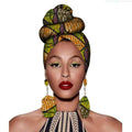 Vibrant green and orange leaf-patterned fashion african headscarves with bold geometric accents earrings set
