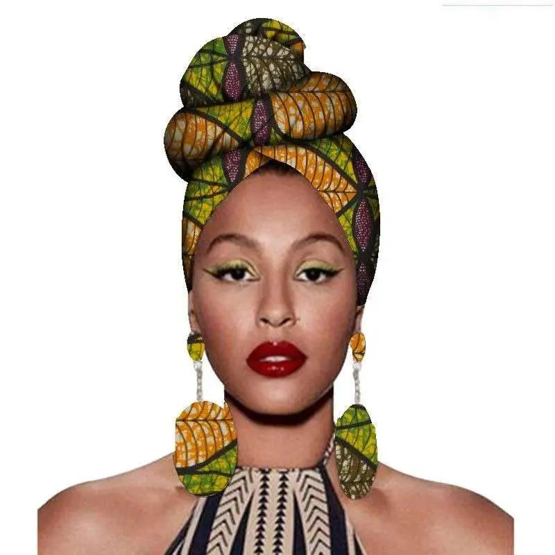 Vibrant green and orange leaf-patterned fashion african headscarves with bold geometric accents earrings set