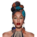 A vibrant fashion African headscarves set featuring a patterned orange black and teal headwrap in an intricate bun style