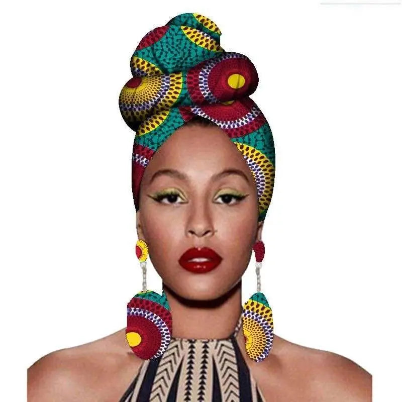 Vibrant fashion african headscarves with bold teal red yellow and green geometric motifs in earrings set